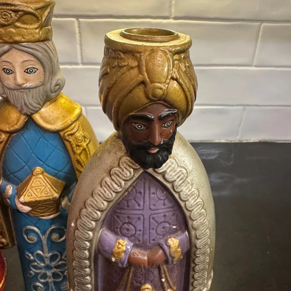Three Wise Men Candle Holder Set Multicolor Painted Magi Decor Christmas